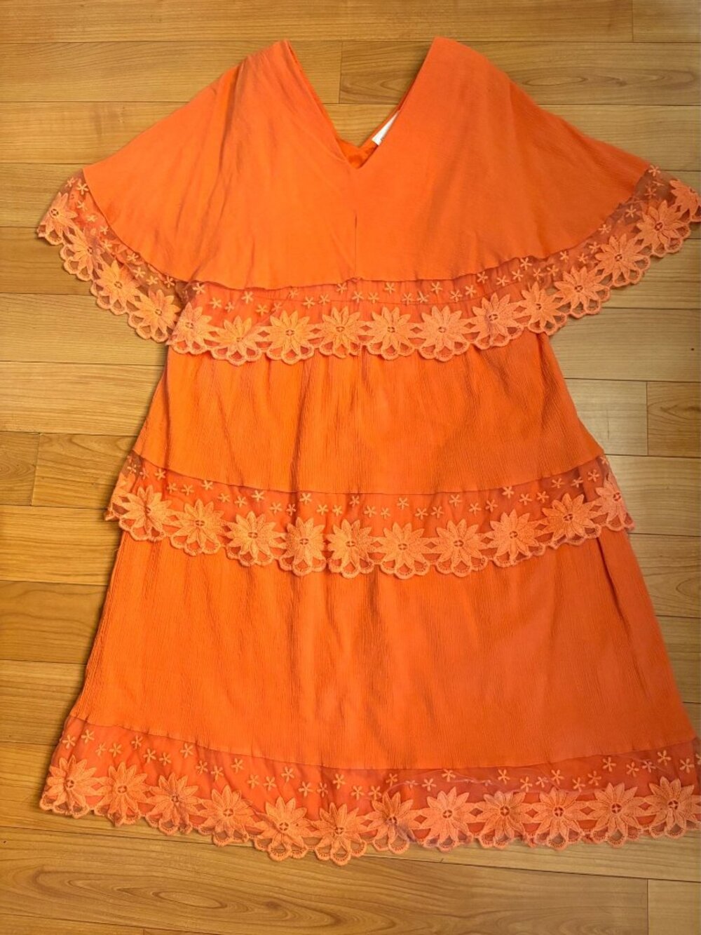 Roaman's Orange Tiered Lace Boho V-Neck Midi Dress Plus Size 18W